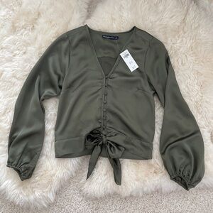 NWT abercrombie olive green satin bow tie blouse S